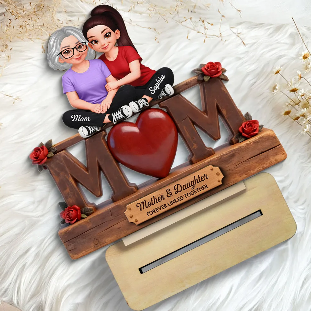 Personalized 2-Layer Wooden Plaque Mother & Daughter Forever Linked Together, MOM Heart Roses, Unique Gift for Mom - Image 6