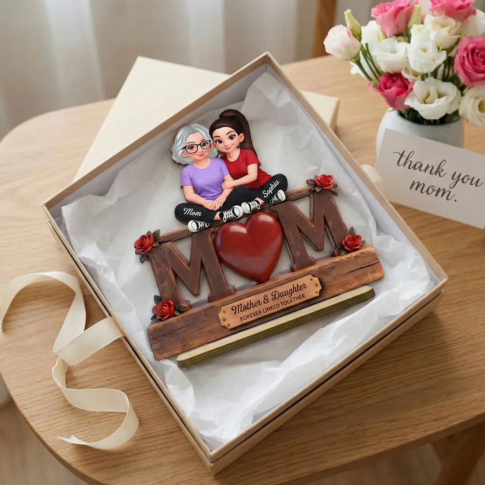 Personalized 2-Layer Wooden Plaque Mother & Daughter Forever Linked Together, MOM Heart Roses, Unique Gift for Mom - Image 8