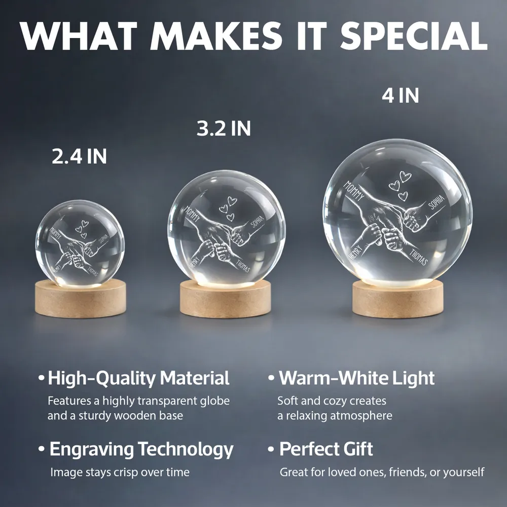 Globe Lamp Personalized for Mom, Hand-in-Hand Family Design with Hearts, Warm Night Light, Unique Mother's Day Gift - Image 4