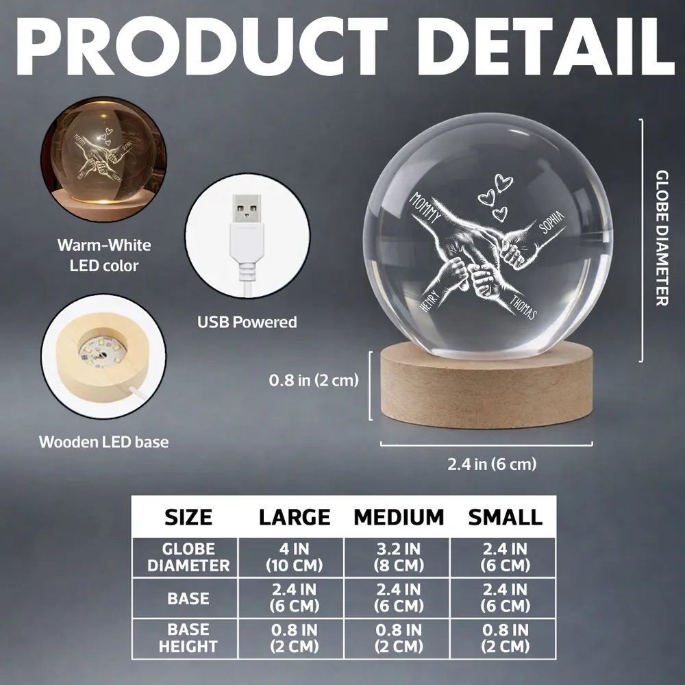 Globe Lamp Personalized for Mom, Hand-in-Hand Family Design with Hearts, Warm Night Light, Unique Mother's Day Gift - Image 5