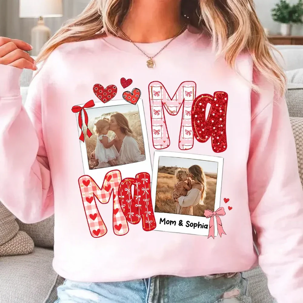 Custom Mama Classic Tee with Mom and Child Hugging Photos Red Valentine Style Hearts A Heartwarming Unique Gift
