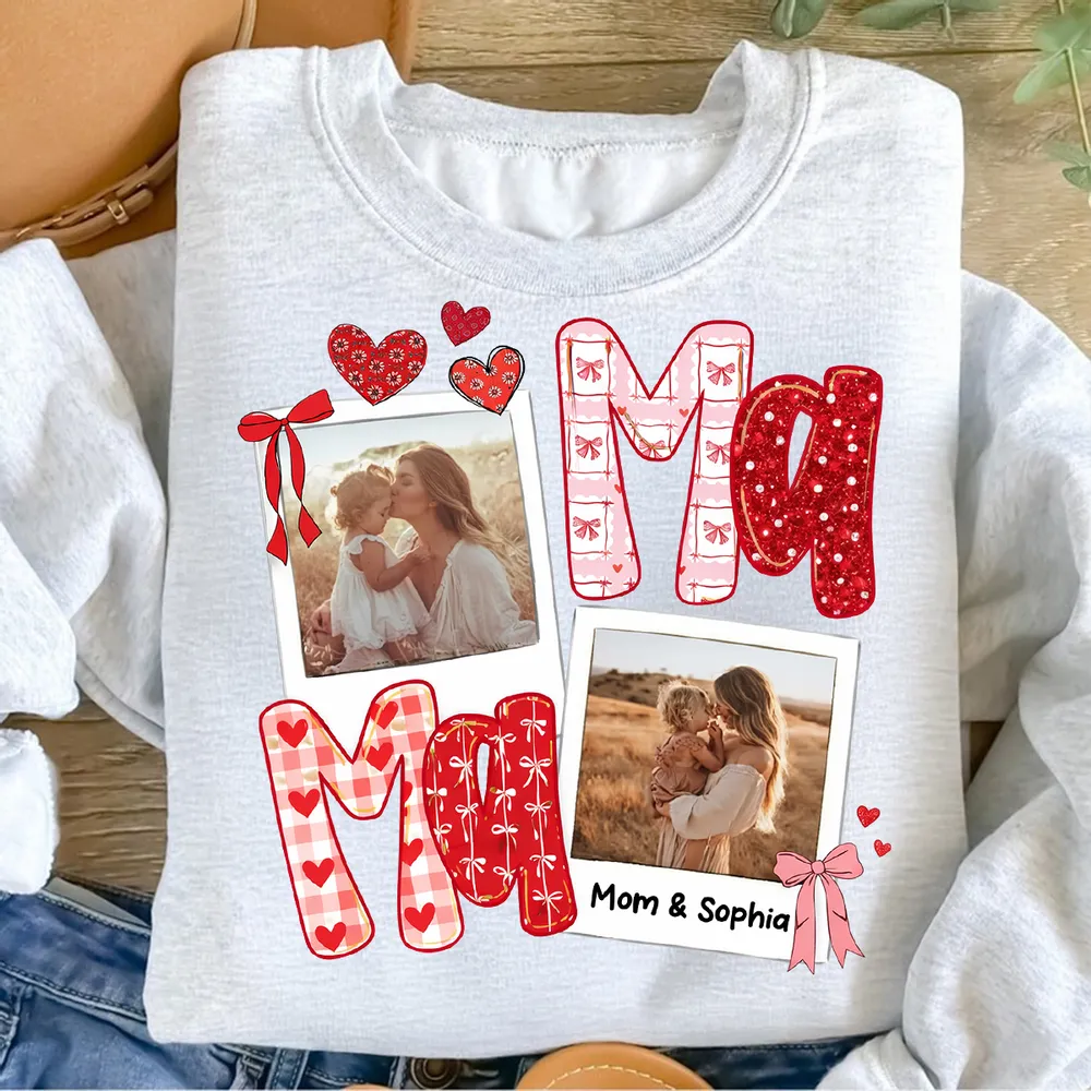 Custom Mama Classic Tee with Mom and Child Hugging Photos Red Valentine Style Hearts A Heartwarming Unique Gift - Image 2