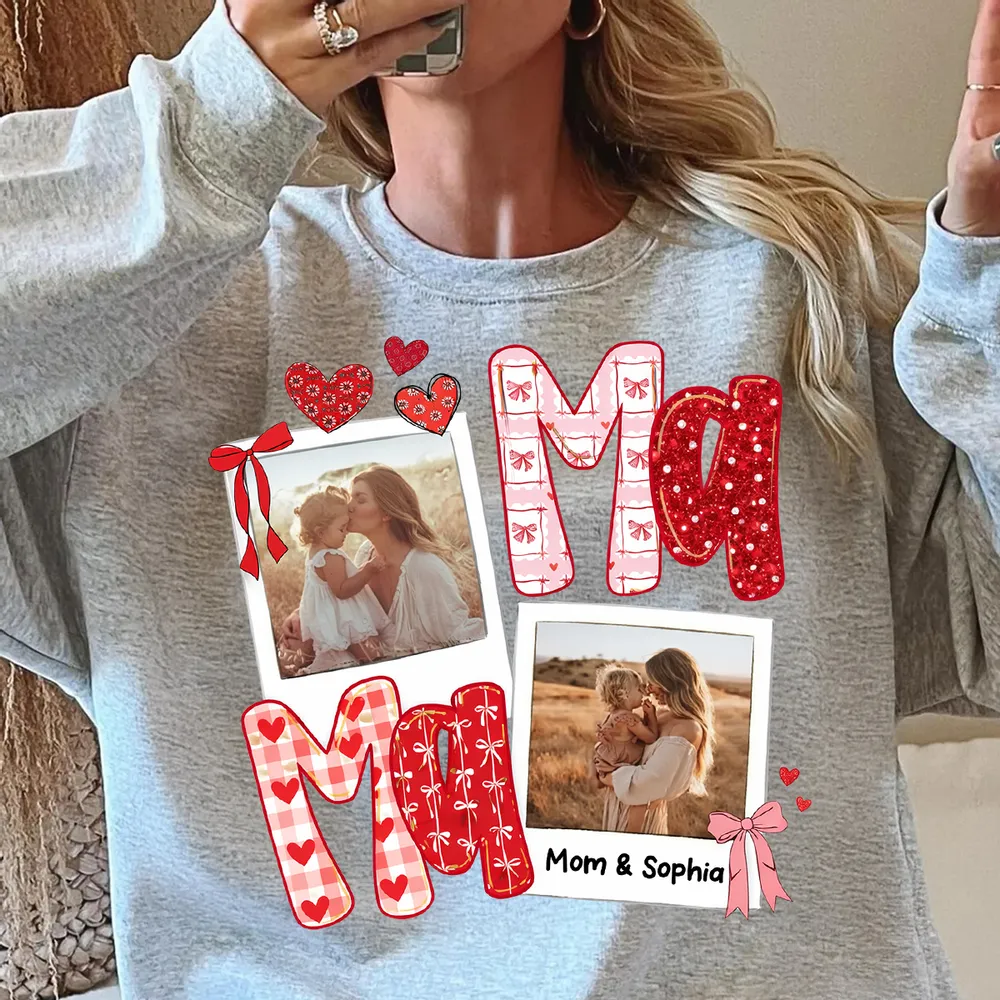 Custom Mama Classic Tee with Mom and Child Hugging Photos Red Valentine Style Hearts A Heartwarming Unique Gift - Image 3