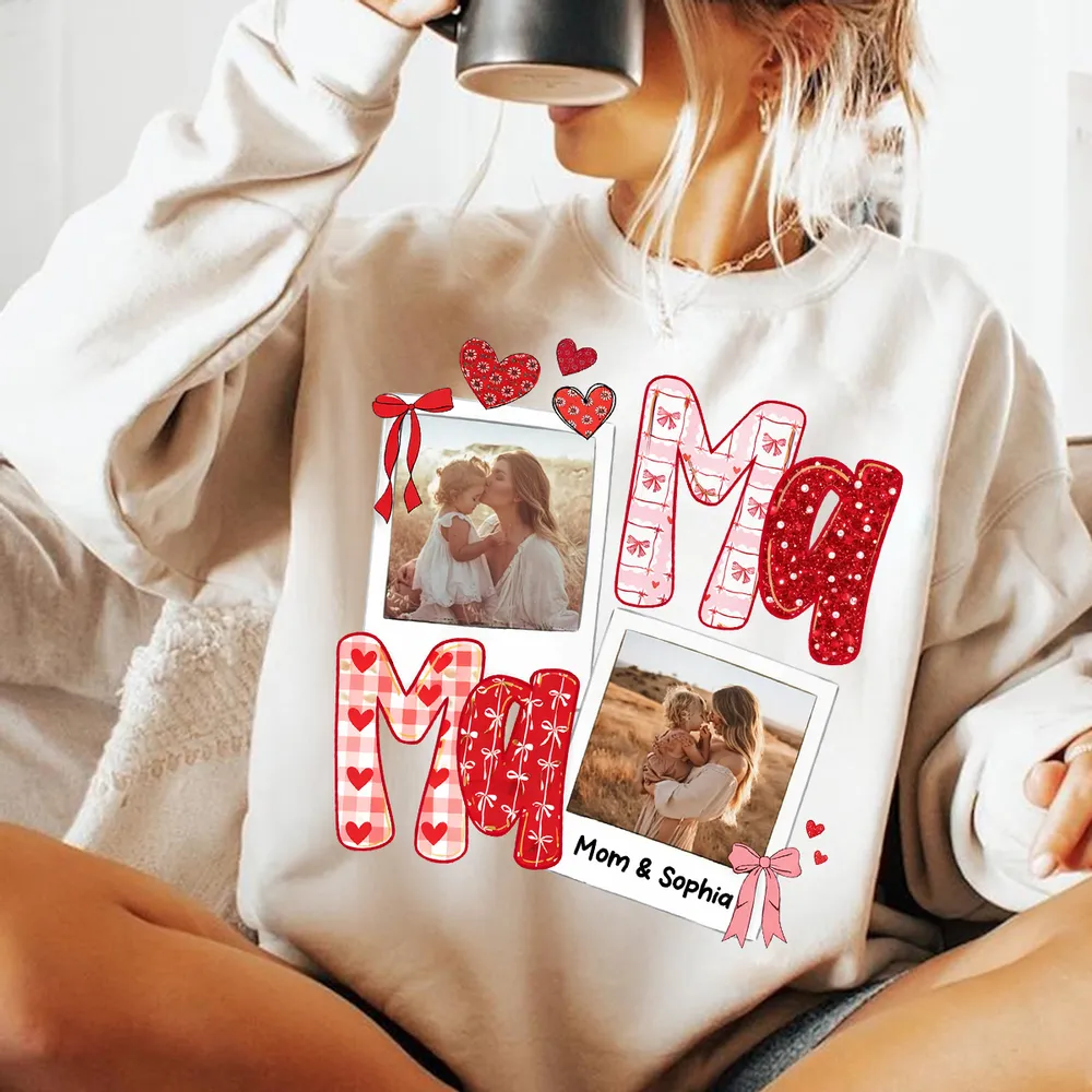 Custom Mama Classic Tee with Mom and Child Hugging Photos Red Valentine Style Hearts A Heartwarming Unique Gift - Image 7