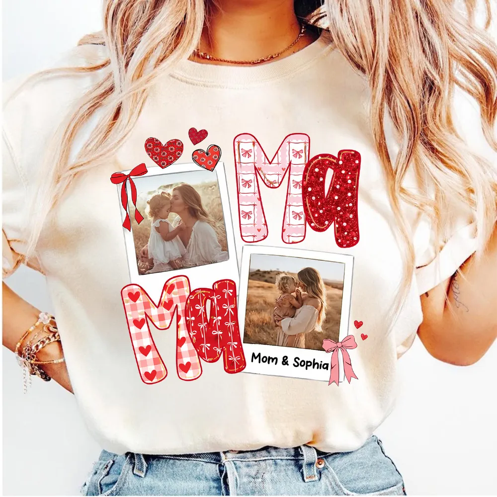 Custom Mama Classic Tee with Mom and Child Hugging Photos Red Valentine Style Hearts A Heartwarming Unique Gift - Image 8