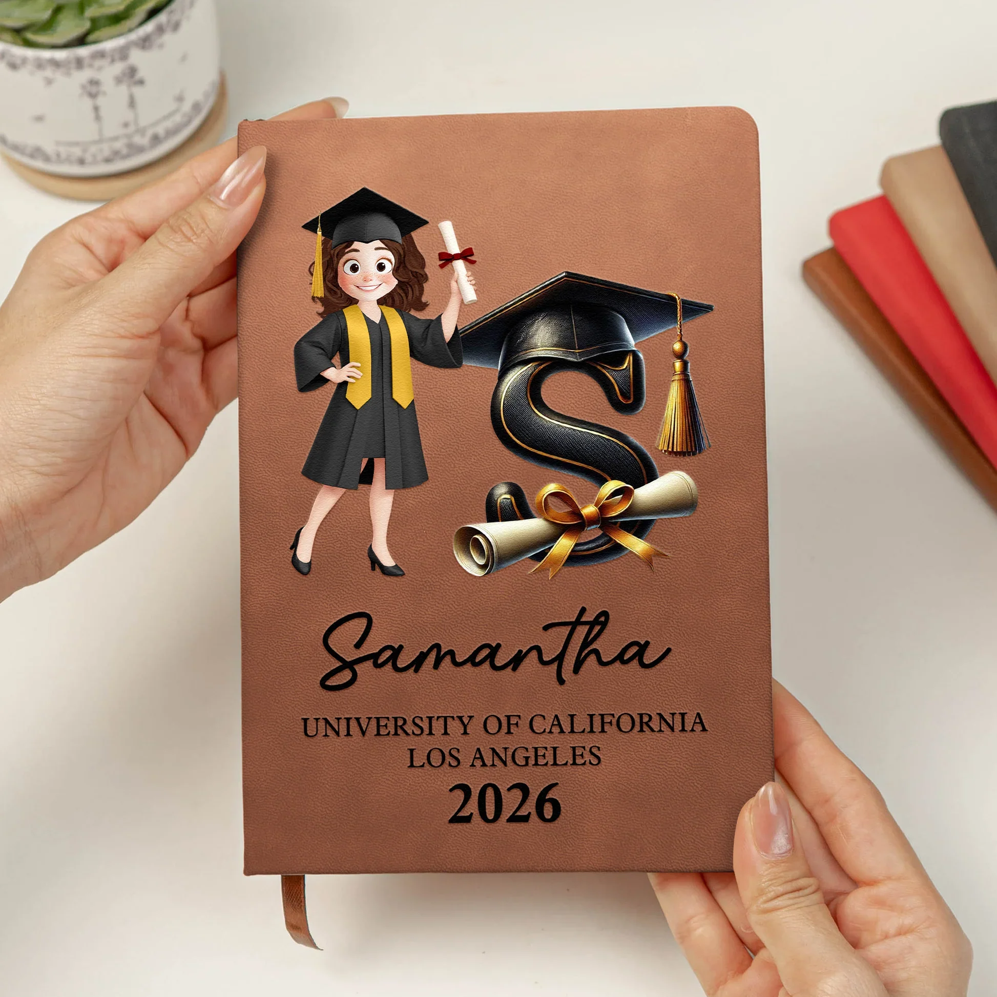 Personalized Graduation Cartoon Leather Journal With Initial, Cap & Diploma, Unique Gift For the Grad - Image 5