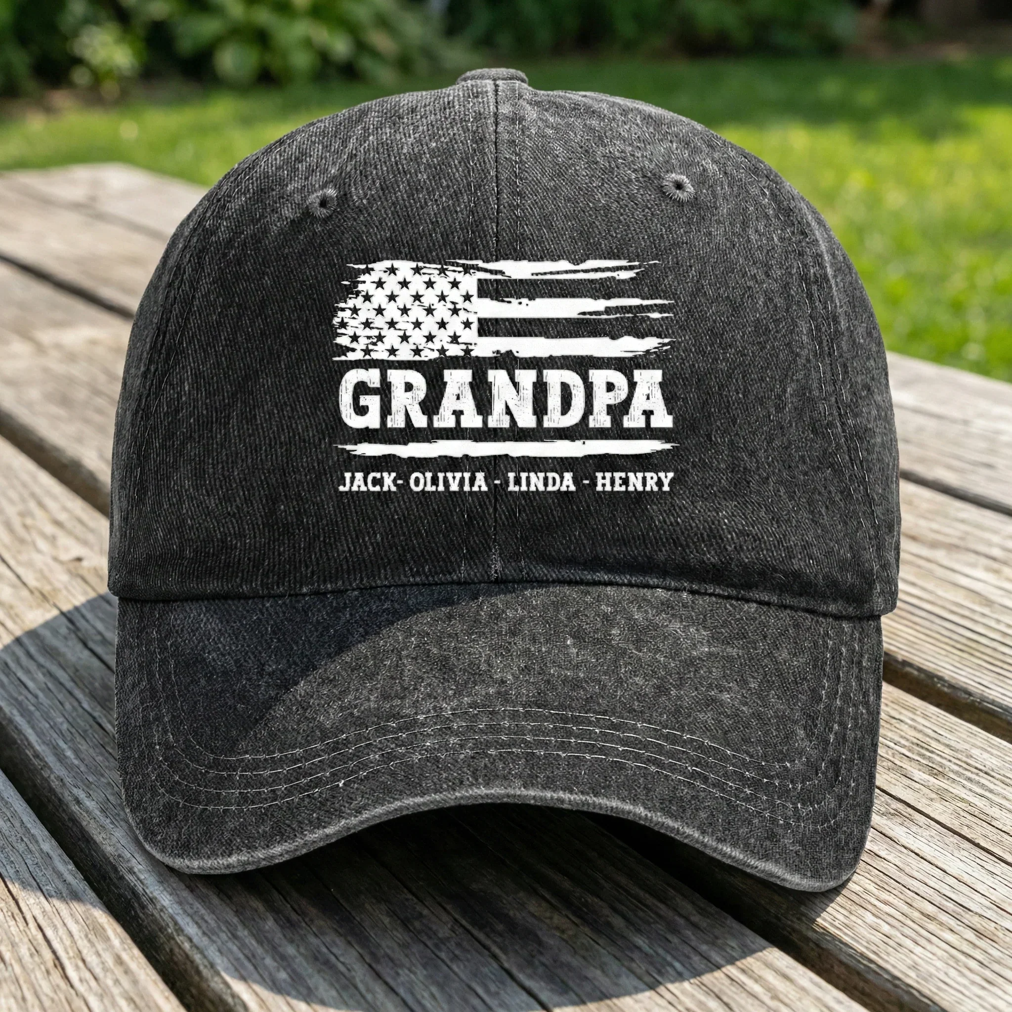 Personalized Washed Denim Baseball Cap with Distressed USA Flag Grandpa Design, Unique Father's Day Gift - Image 4
