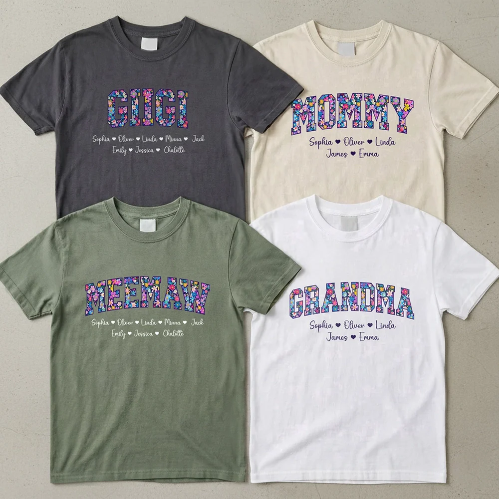 Personalized Floral Grandma Classic Tee with Custom Names, Bright Vintage-Style Lettering, Unique Gift for Grandma