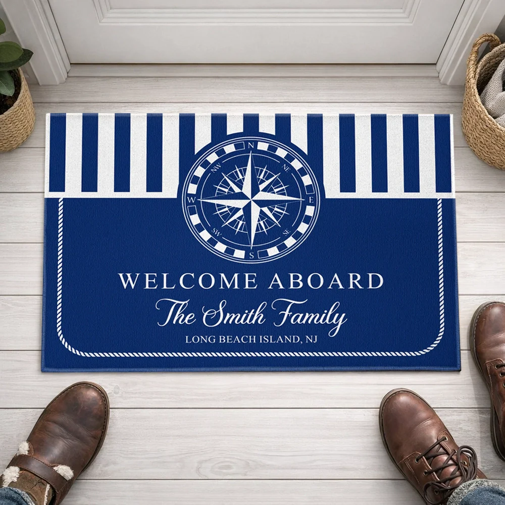 Nautical Welcome Aboard Standard Doormat, Personalized Entryway Decor with Classic Navy Stripes, Unique Gift Idea