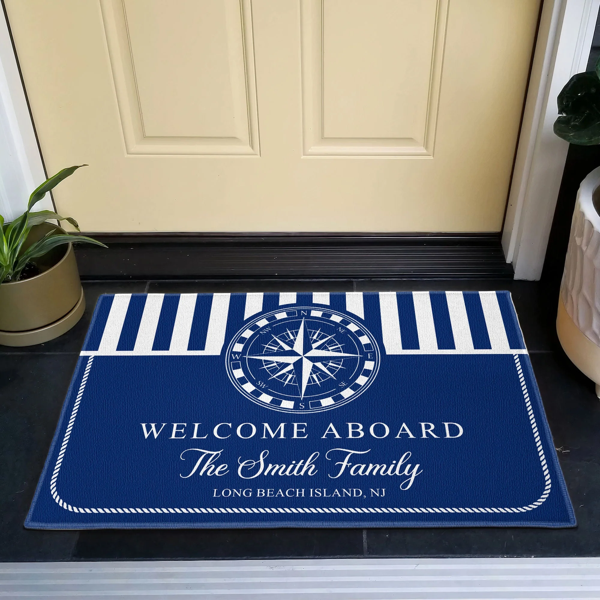 Nautical Welcome Aboard Standard Doormat, Personalized Entryway Decor with Classic Navy Stripes, Unique Gift Idea - Image 2
