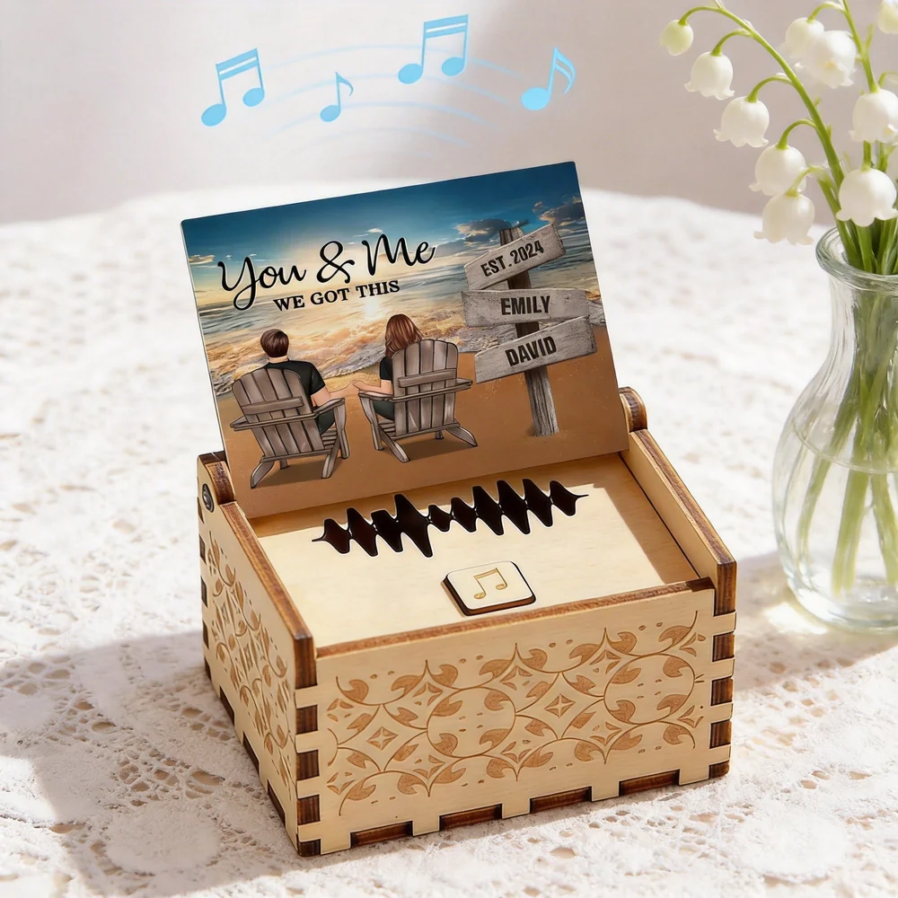 You & Me Beach Sunset Couple Wooden Music Box, Personalized Keepsake Gift for Couples to Remember Your Favorite Moment