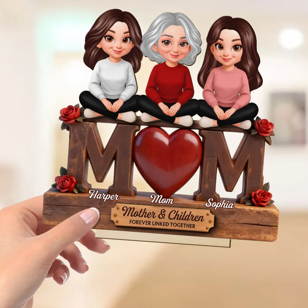 Personalized 2-Layer Wooden Plaque Mom and Daughters Cartoon Sitting on MOM Heart - Unique Mother's Day Gift - Image 6