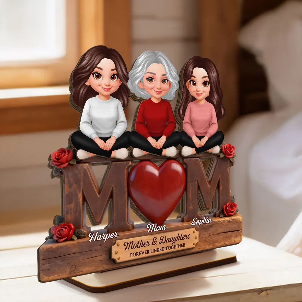 Personalized 2-Layer Wooden Plaque Mom and Daughters Cartoon Sitting on MOM Heart - Unique Mother's Day Gift - Image 7