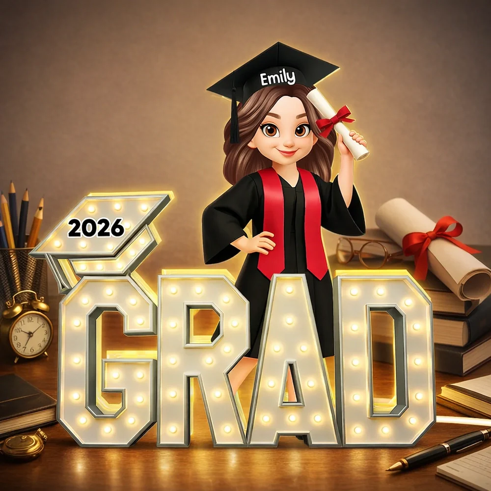 Personalized Acrylic Light Box Graduation Decor, Cute Cartoon Grad Holding Diploma, Warm Glow Unique Gift