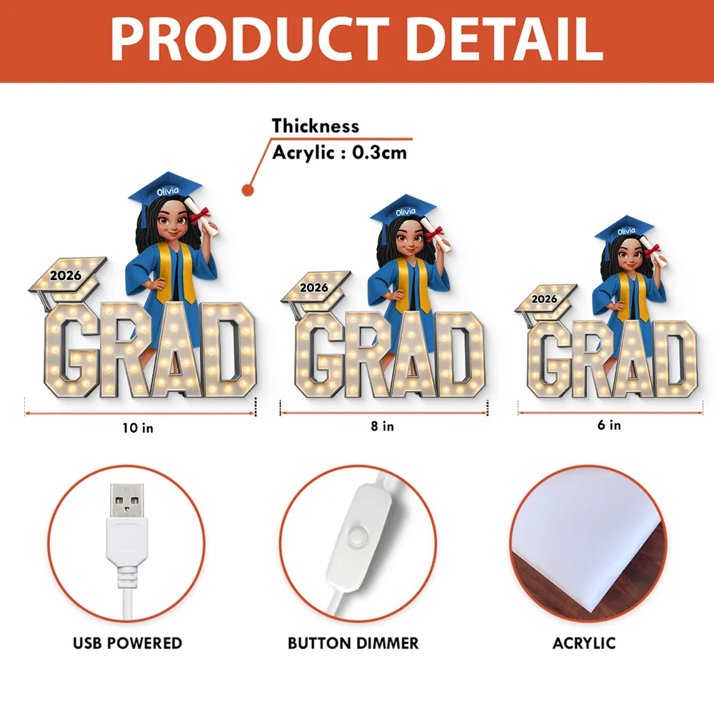 Personalized Acrylic Light Box Graduation Decor, Cute Cartoon Grad Holding Diploma, Warm Glow Unique Gift - Image 4