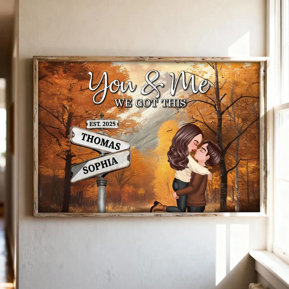 Personalized Couple Kissing at Crossroads Street Sign Poster, Cozy Autumn Wall Art, Unique Gift for Couples - Image 2