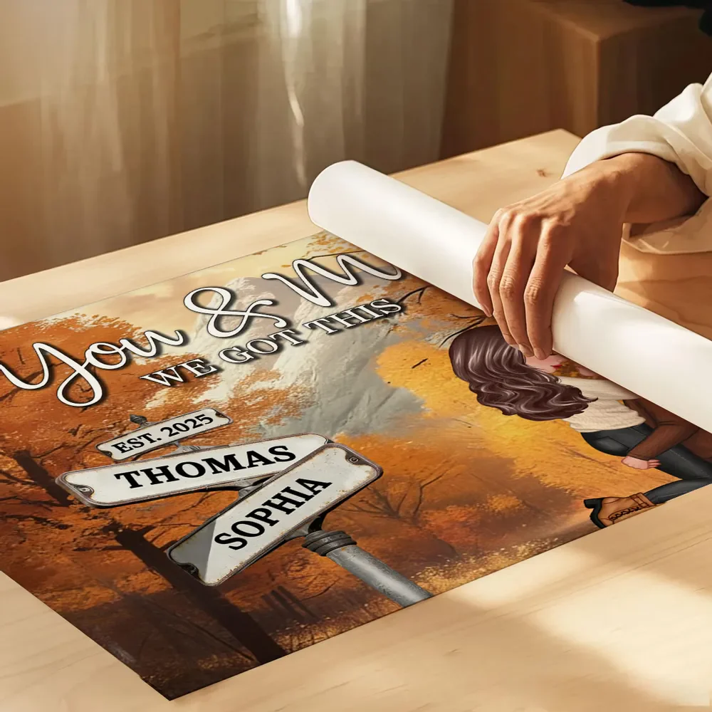 Personalized Couple Kissing at Crossroads Street Sign Poster, Cozy Autumn Wall Art, Unique Gift for Couples - Image 6