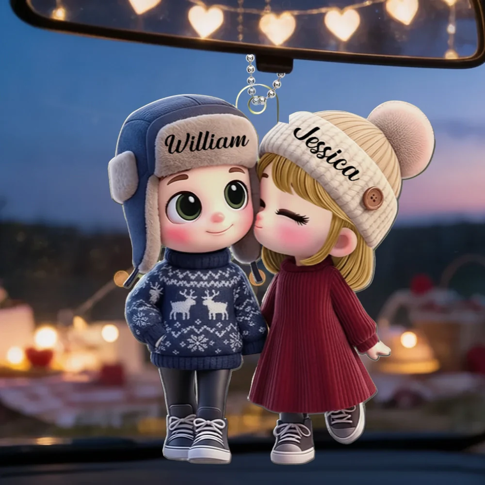 Personalized Acrylic Car Hanger Cute Cartoon Kissing Couple in Winter Hats, Unique Romantic Gift for Husband or Wife - Image 2