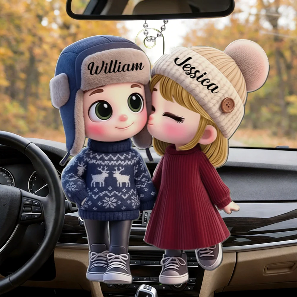 Personalized Acrylic Car Hanger Cute Cartoon Kissing Couple in Winter Hats, Unique Romantic Gift for Husband or Wife - Image 3