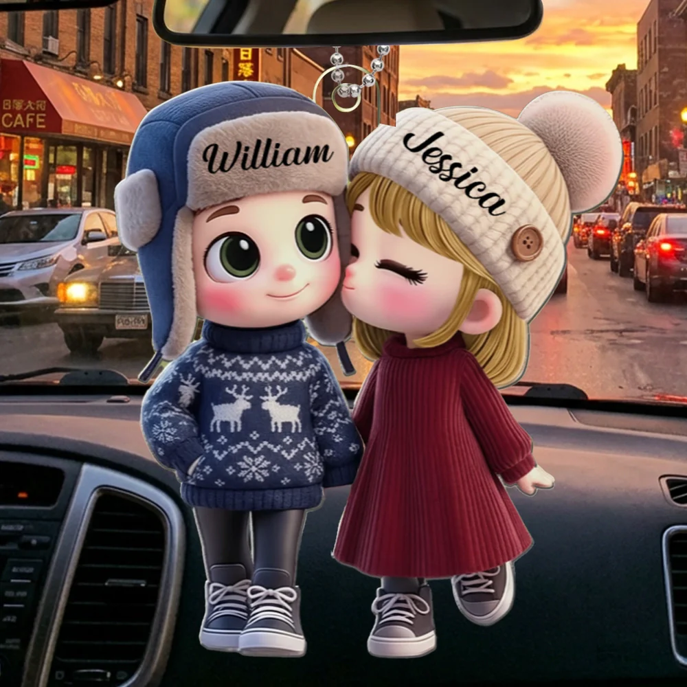 Personalized Acrylic Car Hanger Cute Cartoon Kissing Couple in Winter Hats, Unique Romantic Gift for Husband or Wife - Image 4