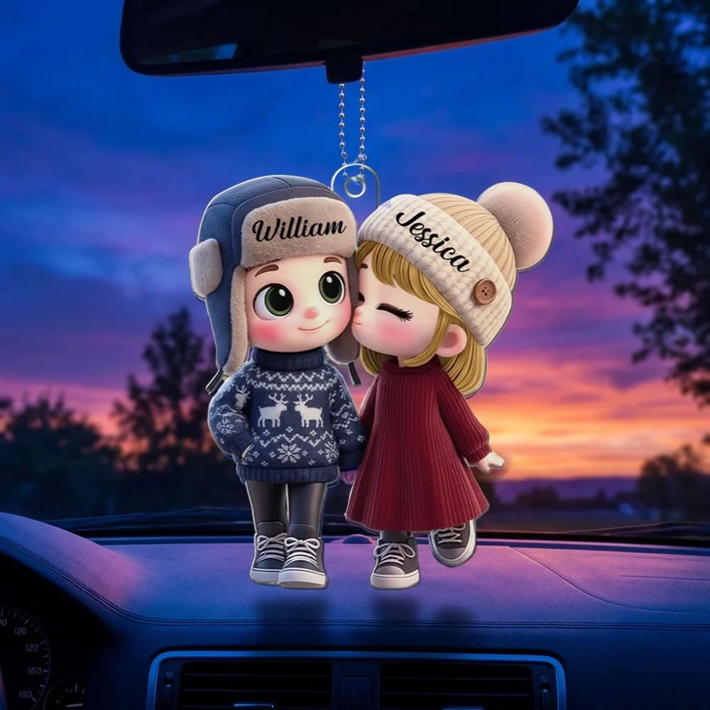 Personalized Acrylic Car Hanger Cute Cartoon Kissing Couple in Winter Hats, Unique Romantic Gift for Husband or Wife - Image 5