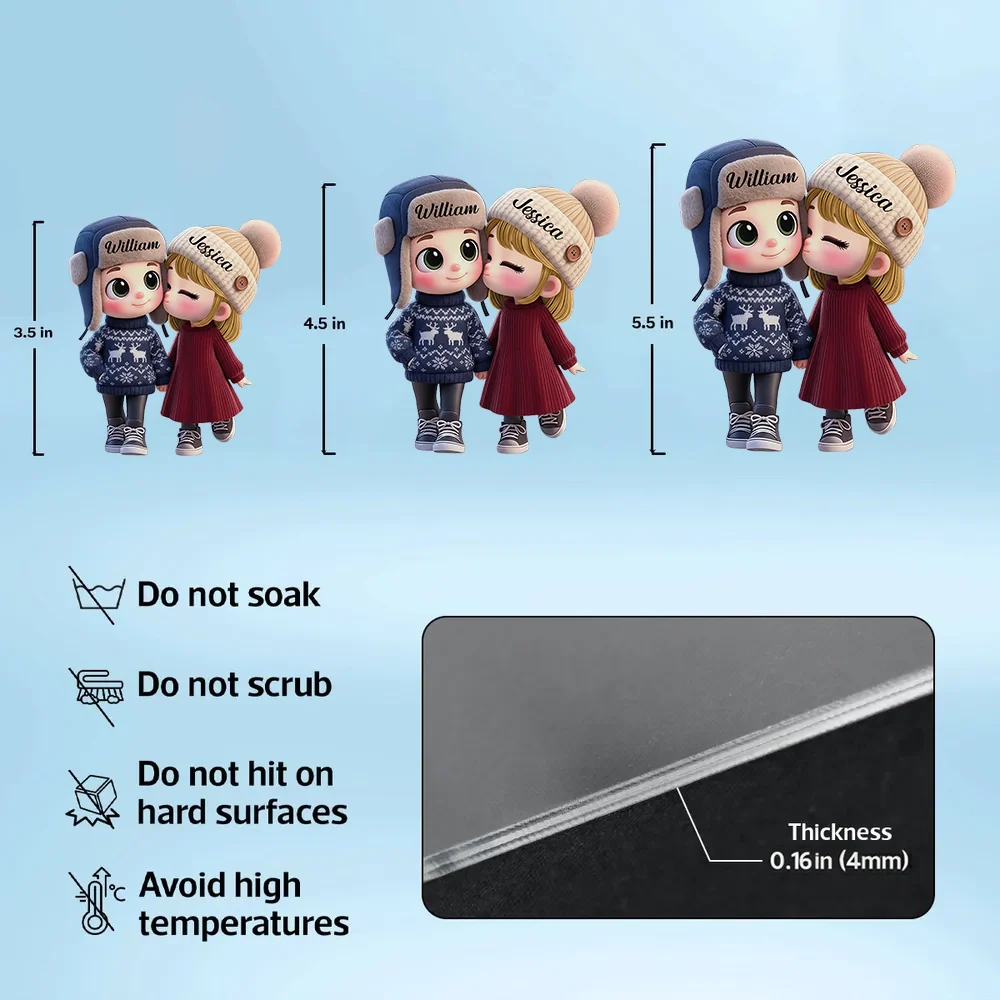 Personalized Acrylic Car Hanger Cute Cartoon Kissing Couple in Winter Hats, Unique Romantic Gift for Husband or Wife - Image 6
