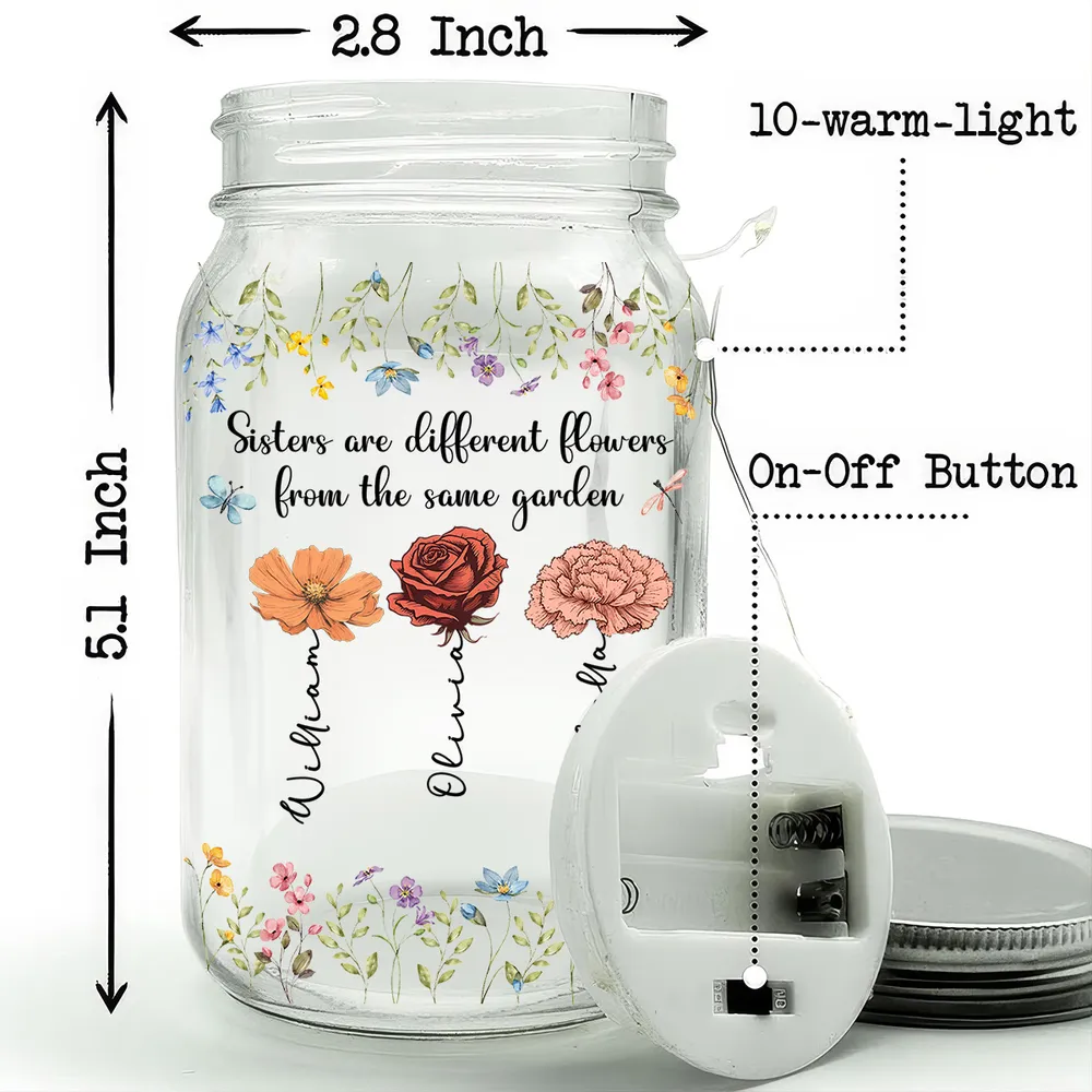 Glass Mason Jar Light 'Sisters are different flowers from the same garden', Personalized Keepsake, Thoughtful Sister Gift - Image 4