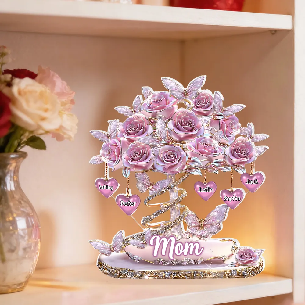 Personalized Heart Rose Tree Shaped Acrylic Block Plaque for Mom, Sparkly Butterfly Shelf Decor, Unique Gift - Image 2