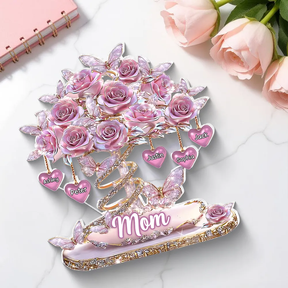 Personalized Heart Rose Tree Shaped Acrylic Block Plaque for Mom, Sparkly Butterfly Shelf Decor, Unique Gift - Image 3