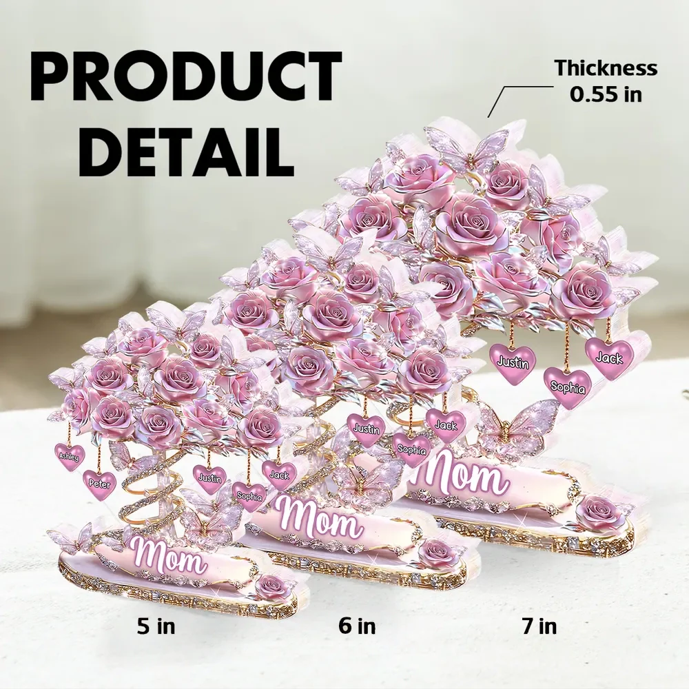 Personalized Heart Rose Tree Shaped Acrylic Block Plaque for Mom, Sparkly Butterfly Shelf Decor, Unique Gift - Image 4