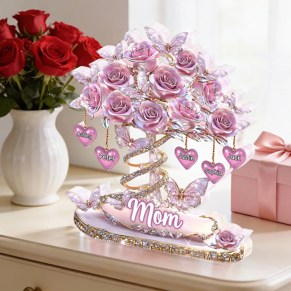 Personalized Heart Rose Tree Shaped Acrylic Block Plaque for Mom, Sparkly Butterfly Shelf Decor, Unique Gift - Image 6