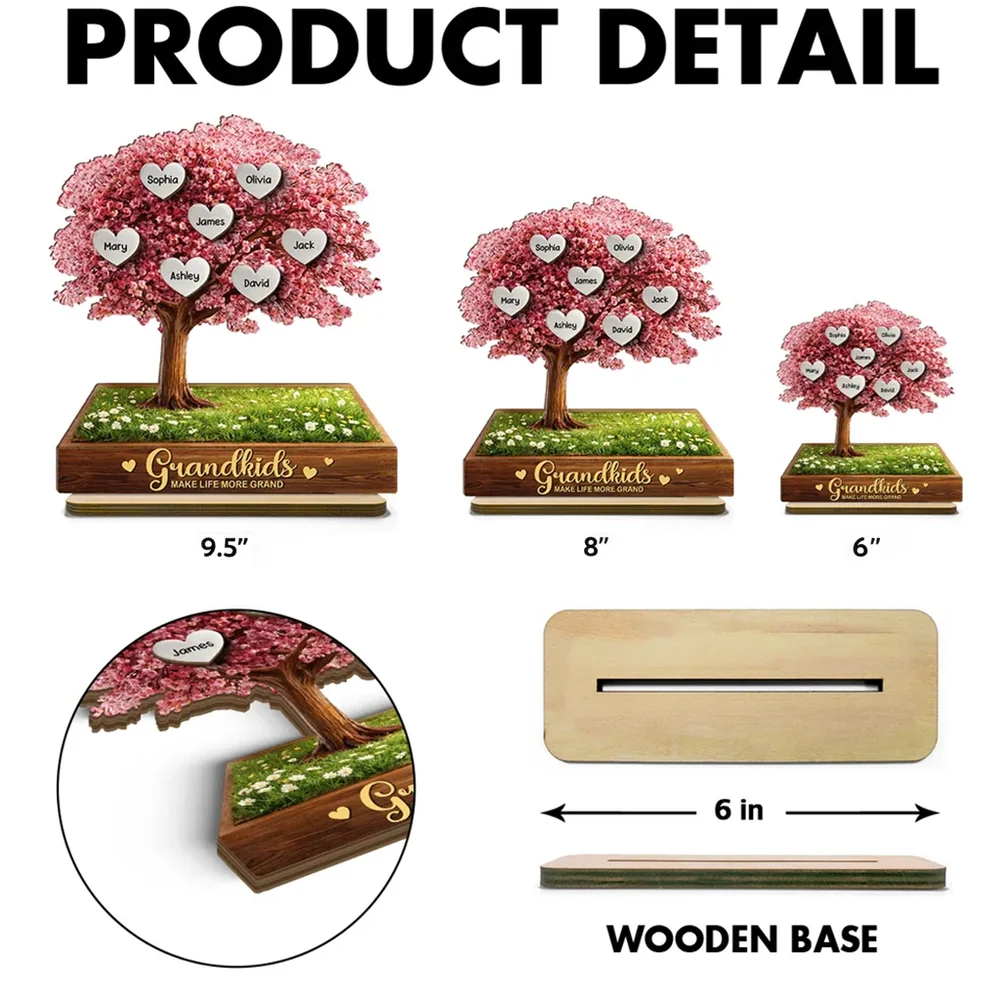 Personalized 2-Layer Wooden Plaque Pink Heart Tree for Grandma, Grandkids Make Life More Grand, Unique Family Keepsake Gift - Image 4