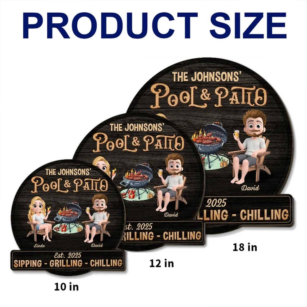 Personalized Pool & Patio Wooden Sign with Cute Couple Cartoon and Grill Scene, Unique Backyard Decor Gift - Image 4