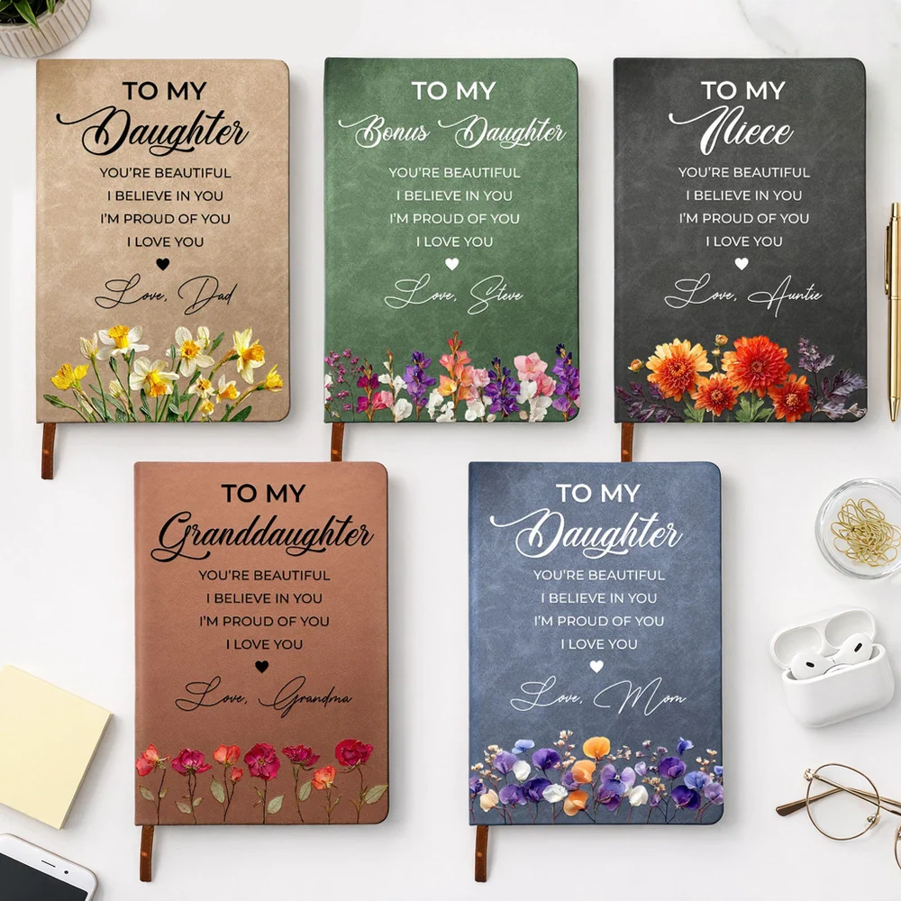Personalized Leather Journal With Floral Quote Cover, Encouraging Gift For Daughter, Niece Or Granddaughter
