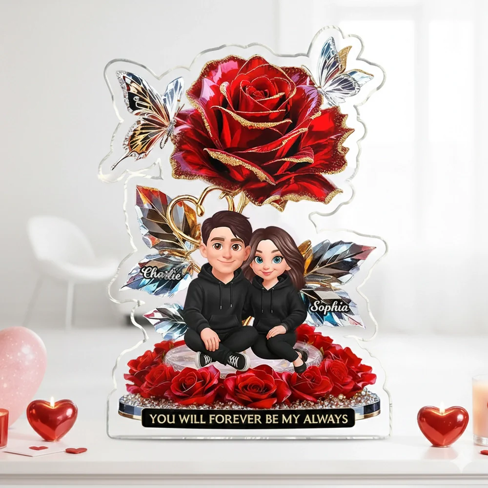 Personalized Shaped Acrylic Block Plaque with Rose Couple Illustration for Romantic Shelf Decor, Unique Gift for Him or Her