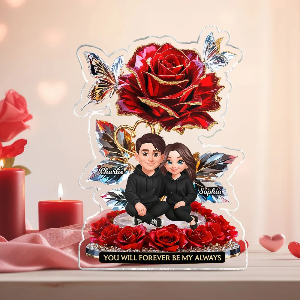 Personalized Shaped Acrylic Block Plaque with Rose Couple Illustration for Romantic Shelf Decor, Unique Gift for Him or Her - Image 6