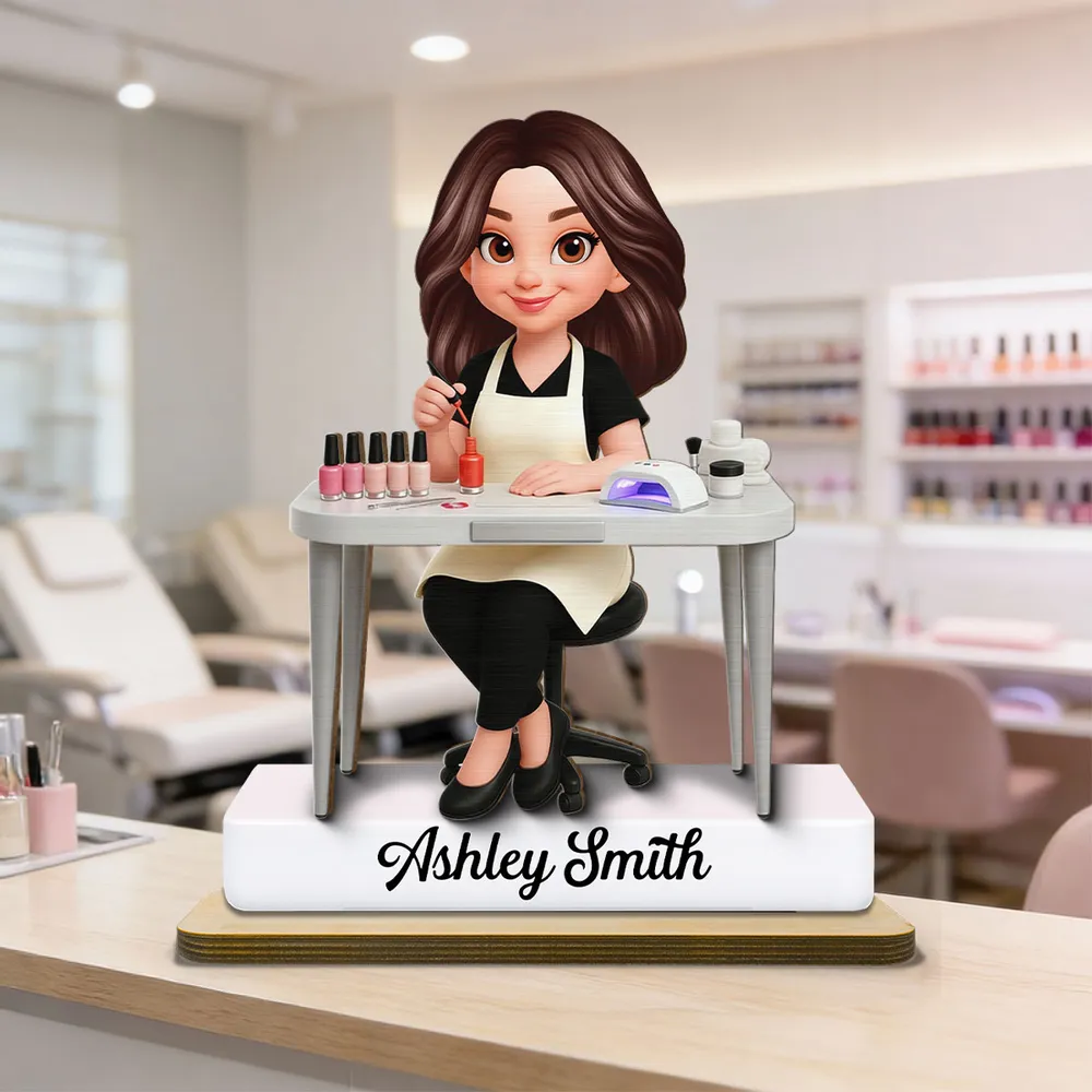 Personalized 2-Layer Wooden Plaque Nail Technician Desk Scene Cute Cartoon Style Unique Gift For Salon Workspaces - Image 6