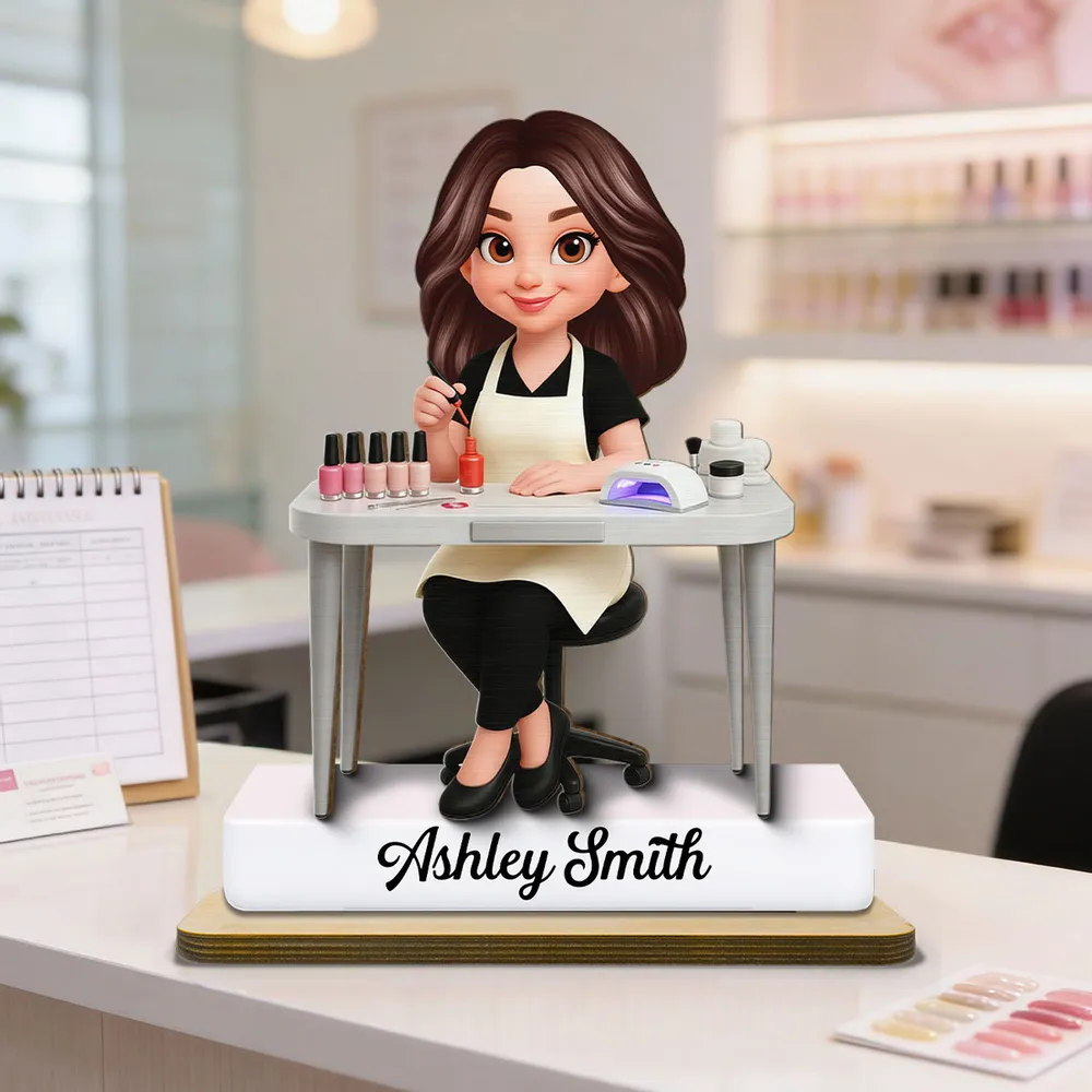 Personalized 2-Layer Wooden Plaque Nail Technician Desk Scene Cute Cartoon Style Unique Gift For Salon Workspaces - Image 7