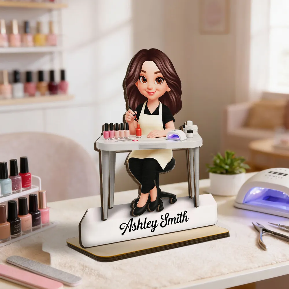 Personalized 2-Layer Wooden Plaque Nail Technician Desk Scene Cute Cartoon Style Unique Gift For Salon Workspaces - Image 8
