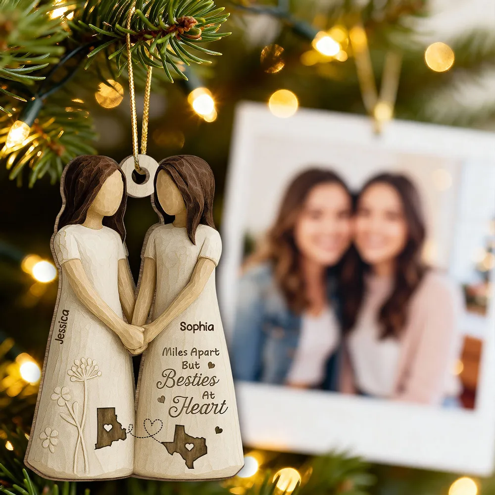 Personalized Wooden Ornament Best Friends Holding Hands, Simple Neutral Decor, Unique Besties Gift for Her - Image 8