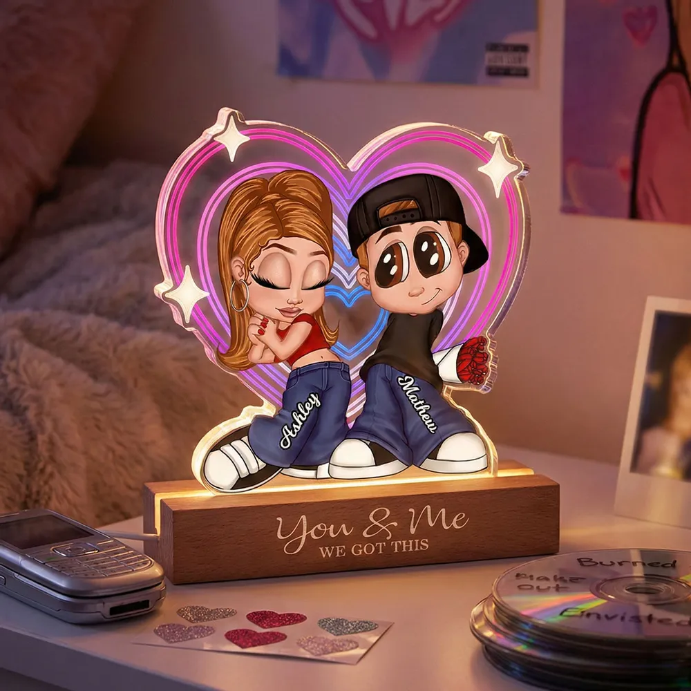Personalized Shaped Acrylic Block LED Plaque Cute Cartoon Couple in Heart Glow Romantic Unique Gift for Girlfriend or Boyfriend - Image 2