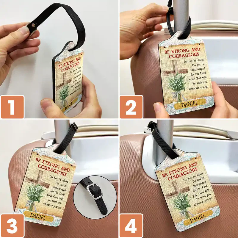 Personalized Leather Luggage Tag with Be Strong And Courageous Quote for Easy Bag ID - Unique Faith Gift for Travelers - Image 5