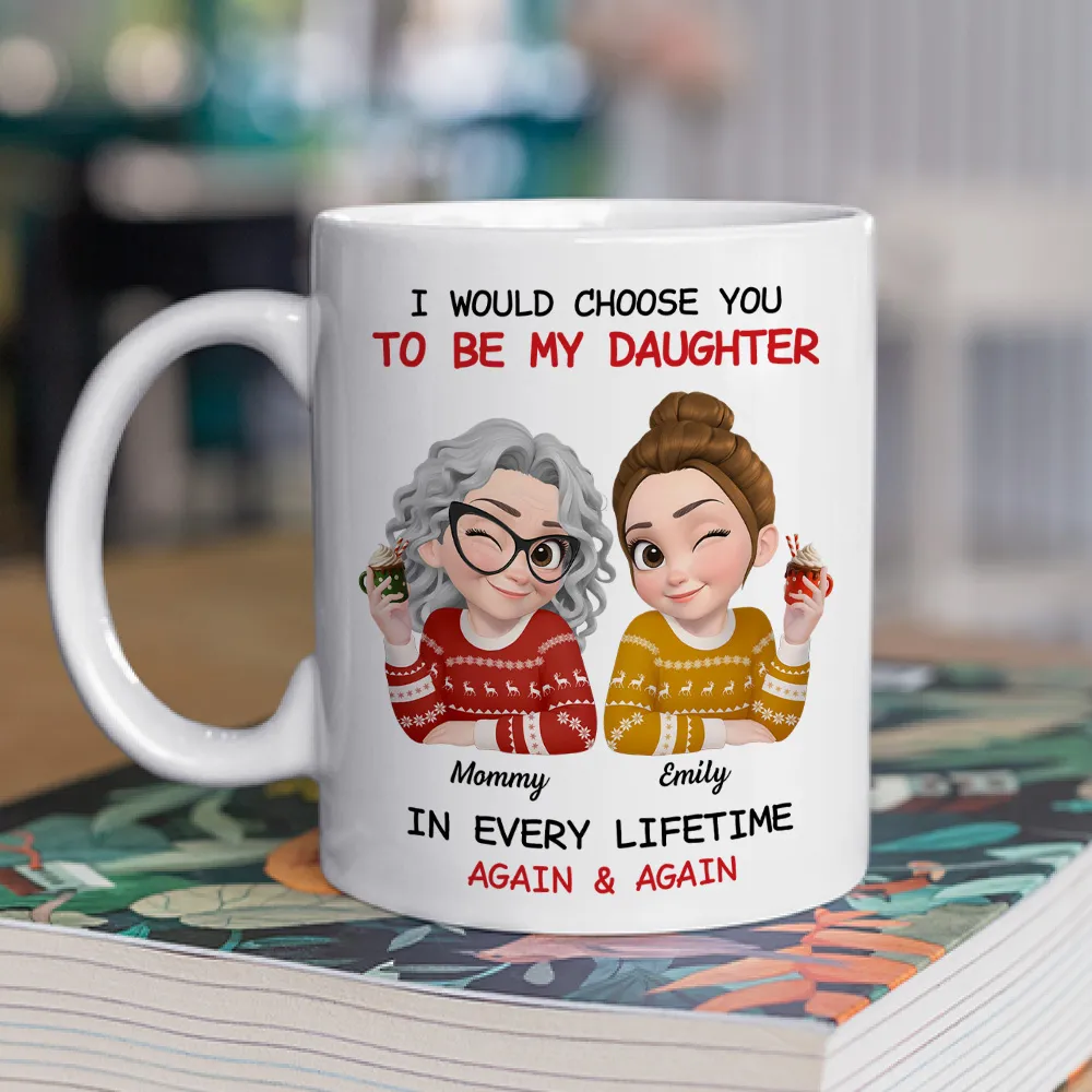 Personalized Mom and Daughter Ceramic Mug With Cute Winter Sweater Cartoon, Unique Gift For Mom, In Every Lifetime Again & Again - Image 2