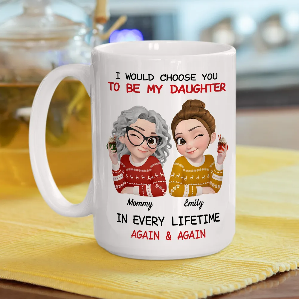 Personalized Mom and Daughter Ceramic Mug With Cute Winter Sweater Cartoon, Unique Gift For Mom, In Every Lifetime Again & Again - Image 3