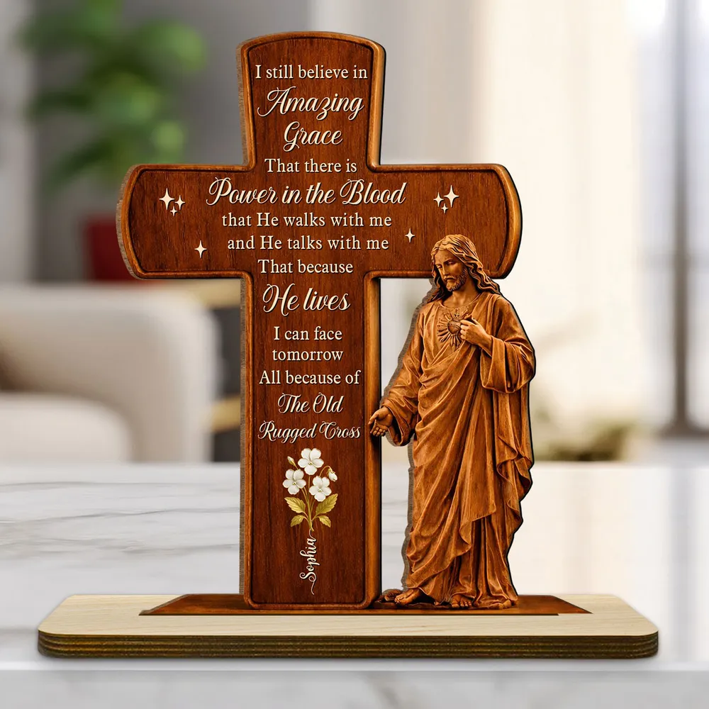 Personalized 2-Layer Wooden Plaque Cross and Jesus Design for Home Display, Amazing Grace Inspired, Unique Faith Gift - Image 4