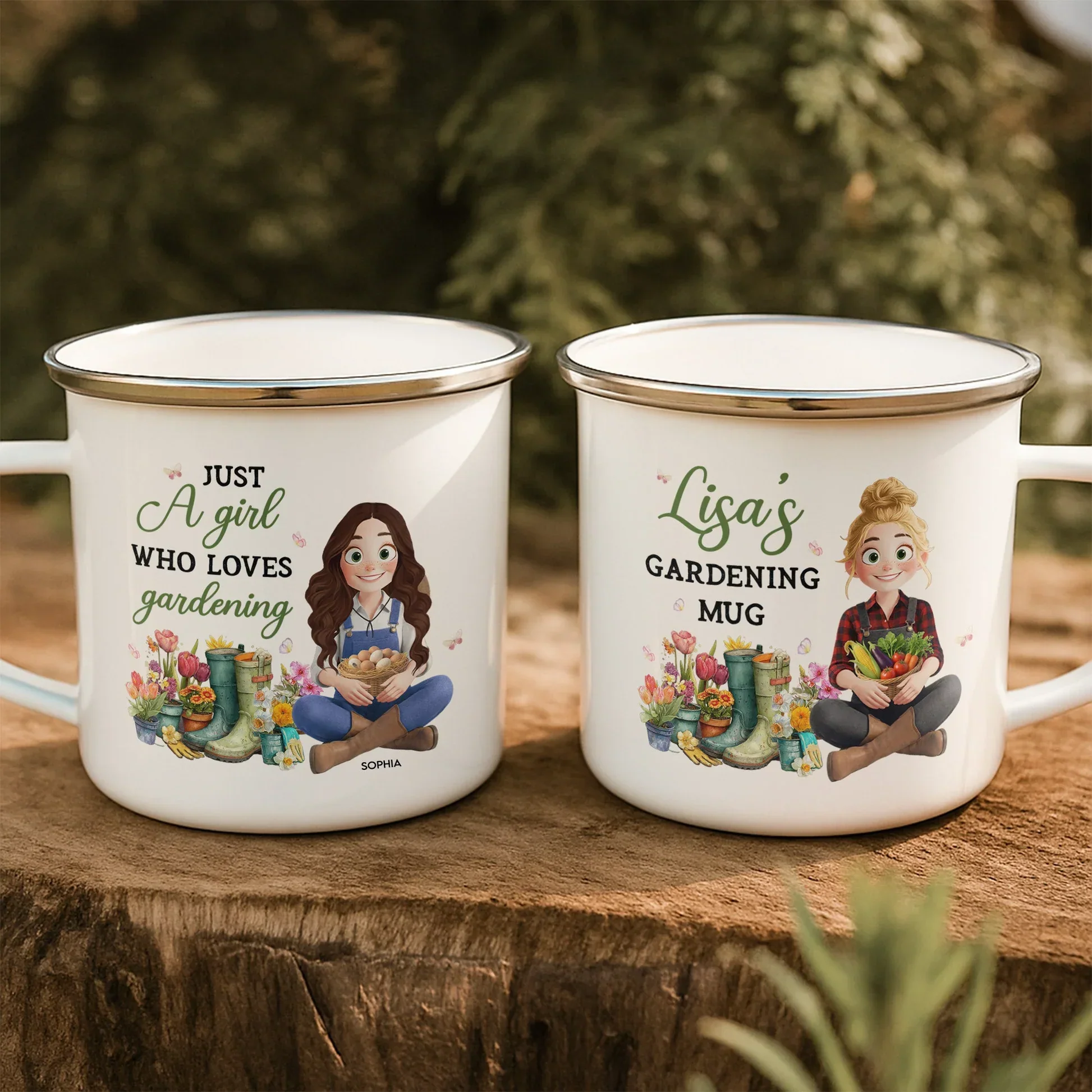 Personalized Gardening Enamel Mug With Cute Cartoon Gardener, Cozy Garden Coffee Cup, Unique Gift for Mom or Grandma - Image 3