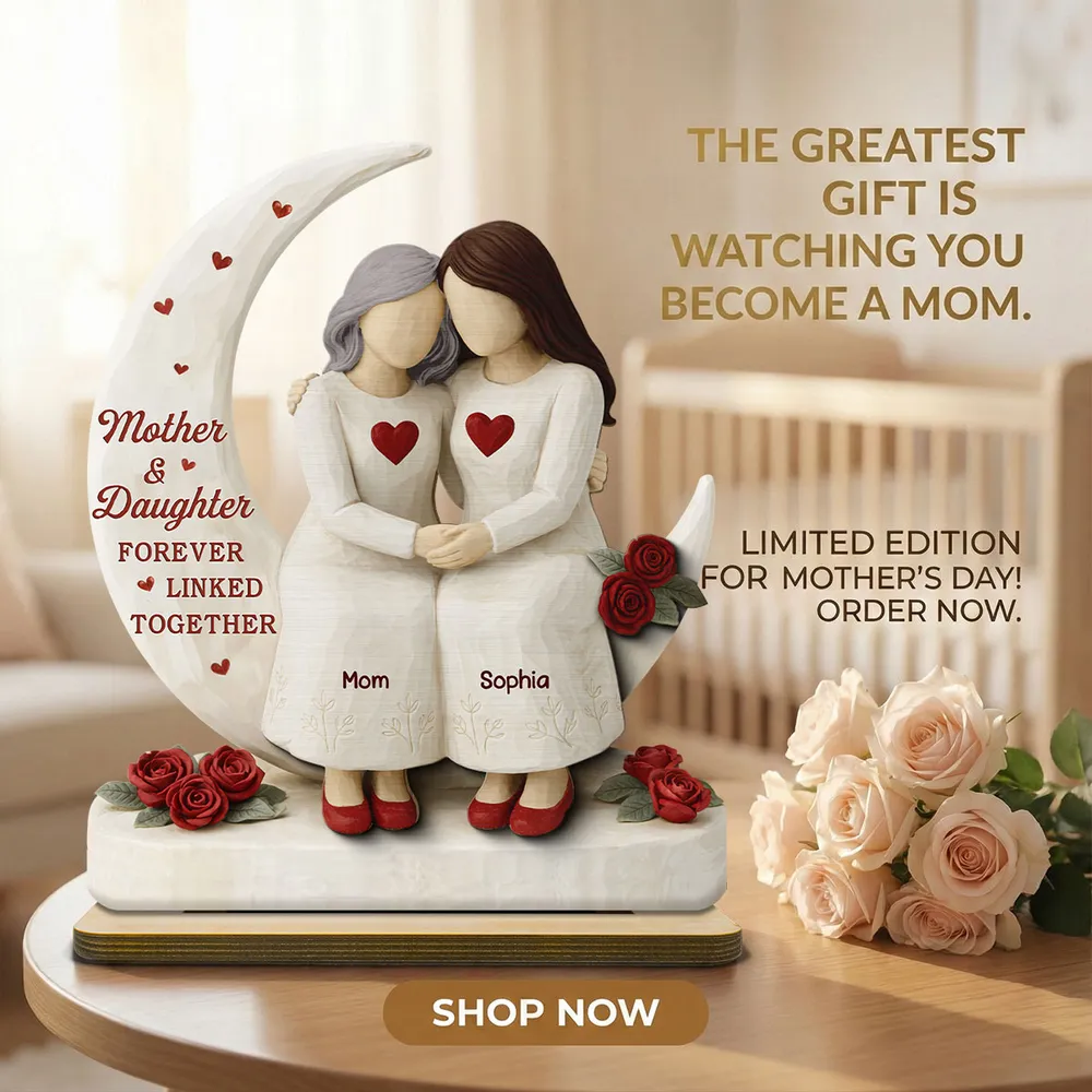Personalized 2-Layer Wooden Plaque Mother & Daughter Forever Linked Together, Hugging Figurines with Roses, Unique Gift for Mom - Image 2