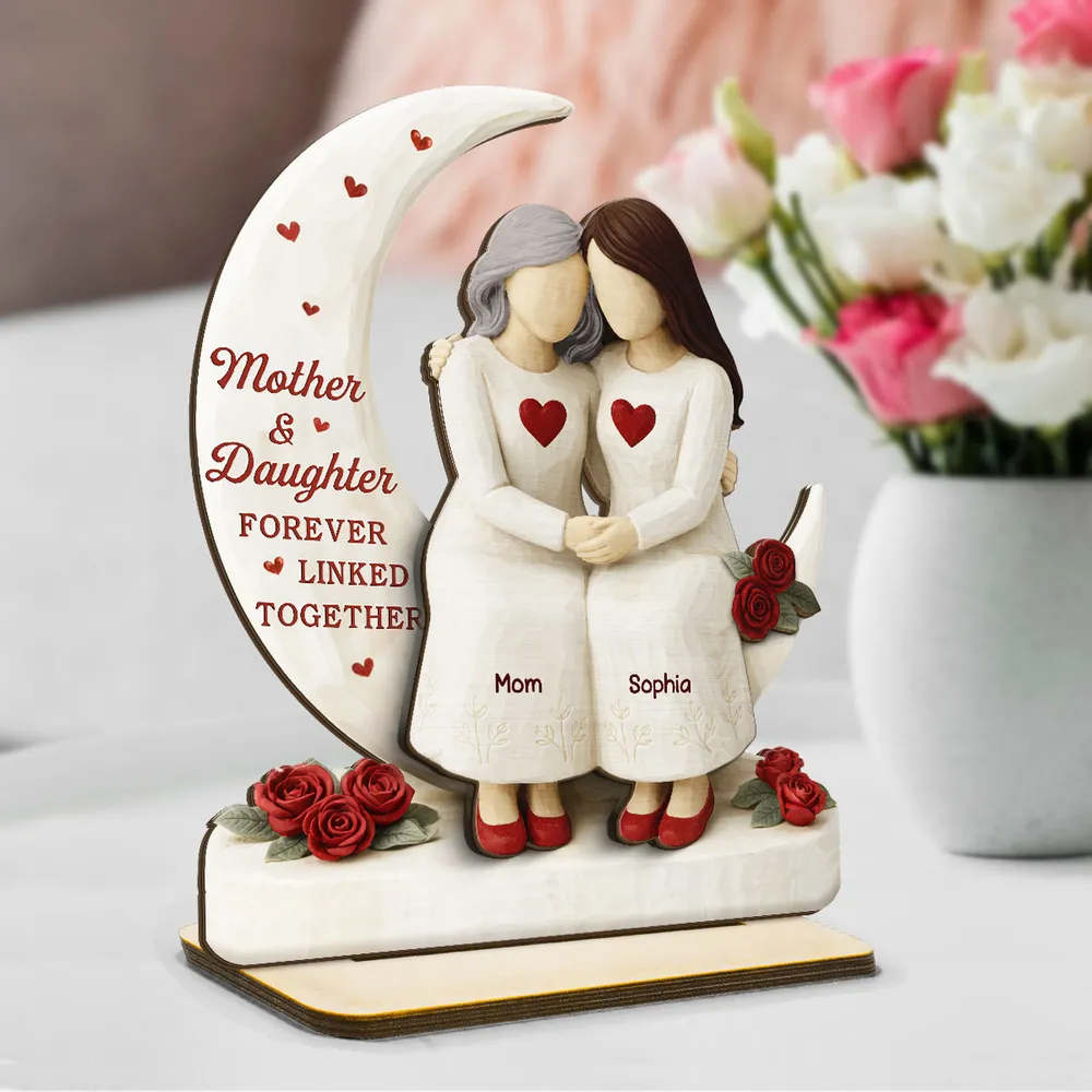 Personalized 2-Layer Wooden Plaque Mother & Daughter Forever Linked Together, Hugging Figurines with Roses, Unique Gift for Mom - Image 3