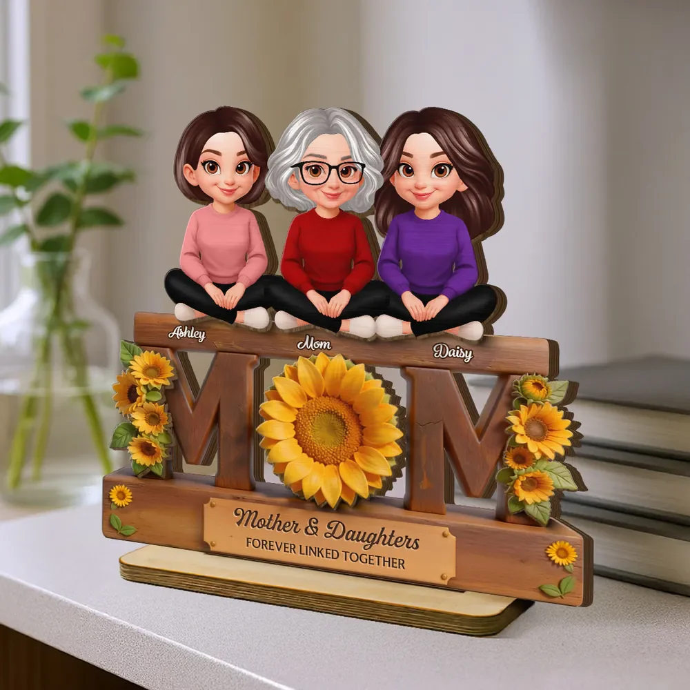 Personalized Style Sunflower Mom & Daughters 2-Layer Wooden Plaque - Sweet Home Display Decor, Unique Gift for Mother's Day - Image 3
