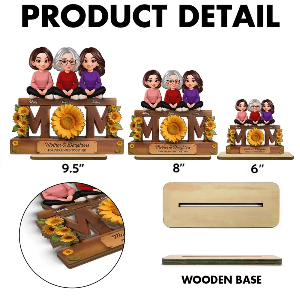 Personalized Style Sunflower Mom & Daughters 2-Layer Wooden Plaque - Sweet Home Display Decor, Unique Gift for Mother's Day - Image 4